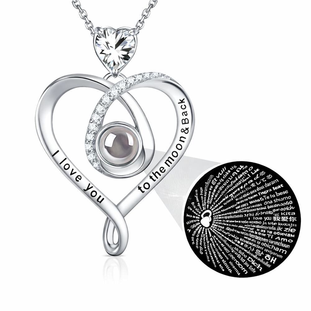 New 925 Sterling Silver 100 Languages I Love You Projection Heart Necklace Gift